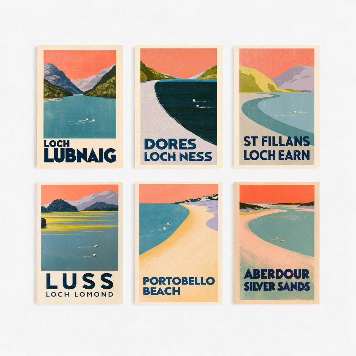 Set of Six Scotland Wild Swimming Art Prints - 6 Art Deco Peach Sky Poster Illustrations - Loch Lubnaig, Loch Ness, Loch Earn, Loch Lomond