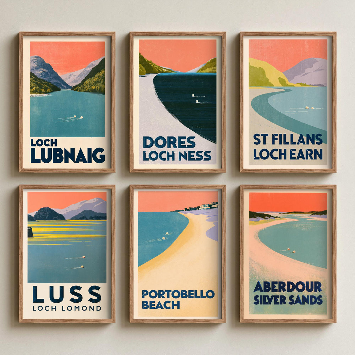 Set of Six Scotland Wild Swimming Art Prints - 6 Art Deco Peach Sky Poster Illustrations - Loch Lubnaig, Loch Ness, Loch Earn, Loch Lomond