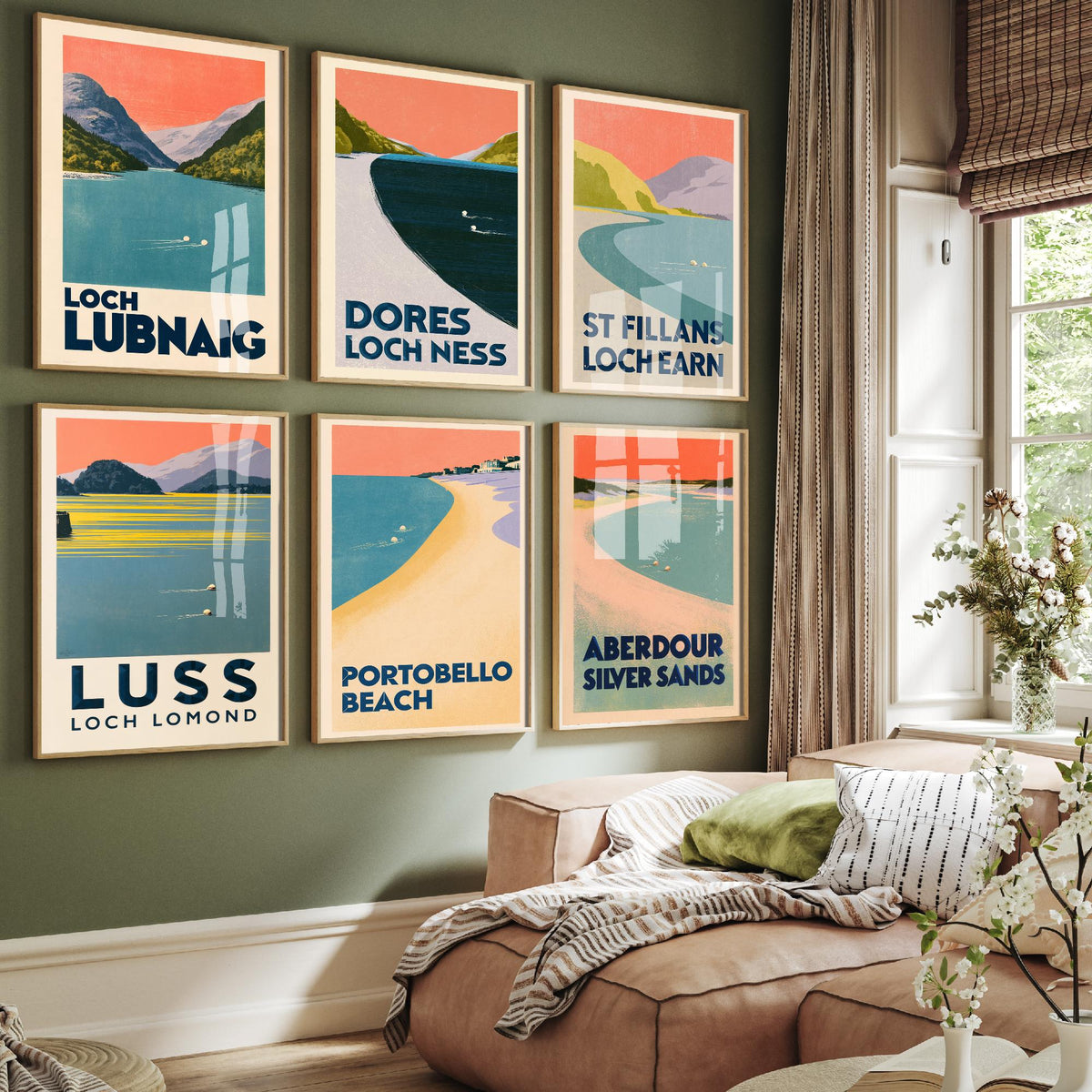 Set of Six Scotland Wild Swimming Art Prints - 6 Art Deco Peach Sky Poster Illustrations - Loch Lubnaig, Loch Ness, Loch Earn, Loch Lomond