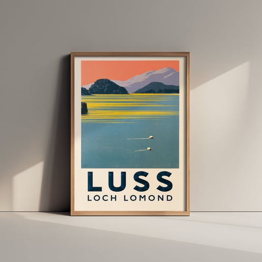 Luss, Loch Lomond Wild Swimming Travel Poster - Scotland Art Print - Peach Sky Art Deco Illustration - Trossachs Swim