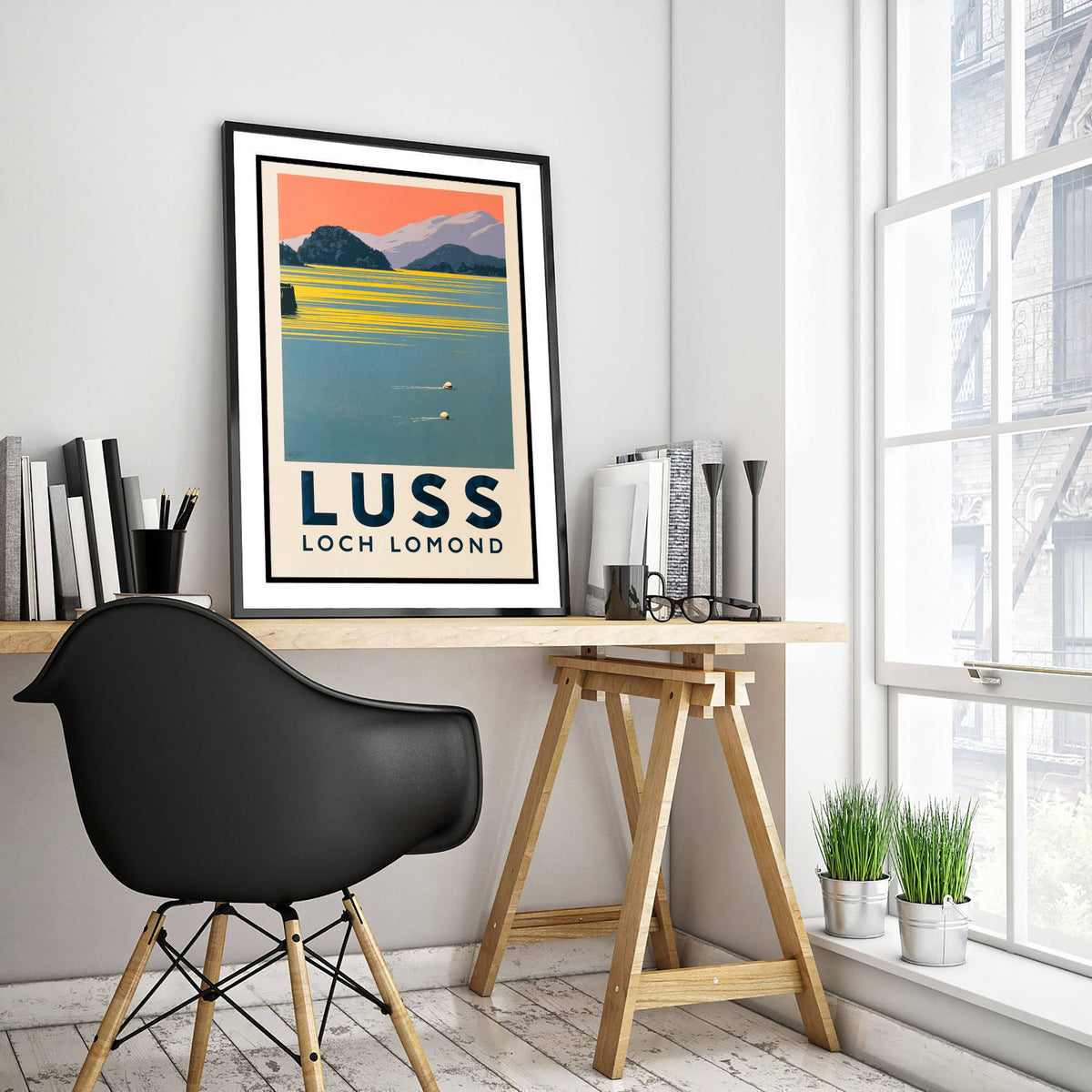 Luss, Loch Lomond Wild Swimming Travel Poster - Scotland Art Print - Peach Sky Art Deco Illustration - Trossachs Swim