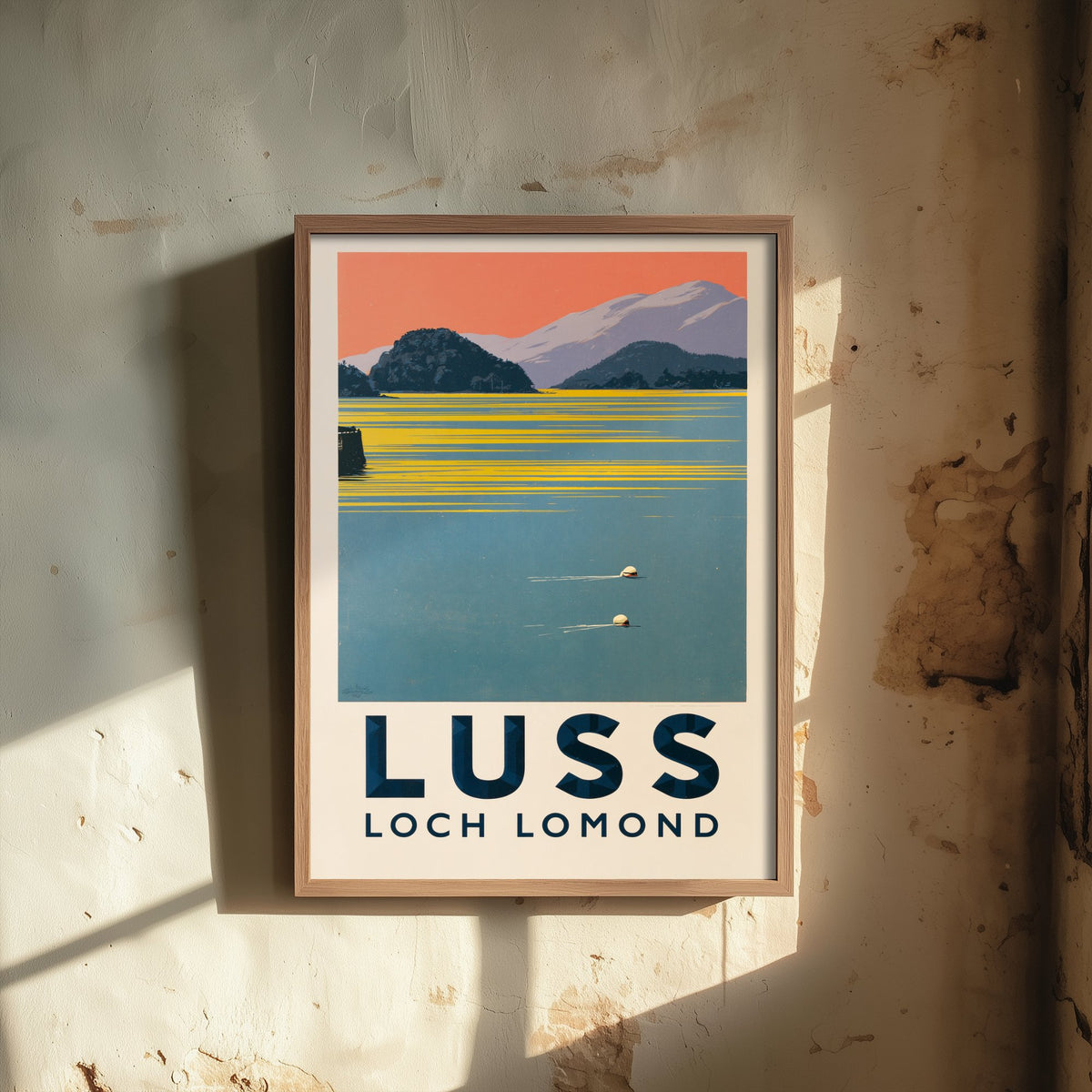 Luss, Loch Lomond Wild Swimming Travel Poster - Scotland Art Print - Peach Sky Art Deco Illustration - Trossachs Swim