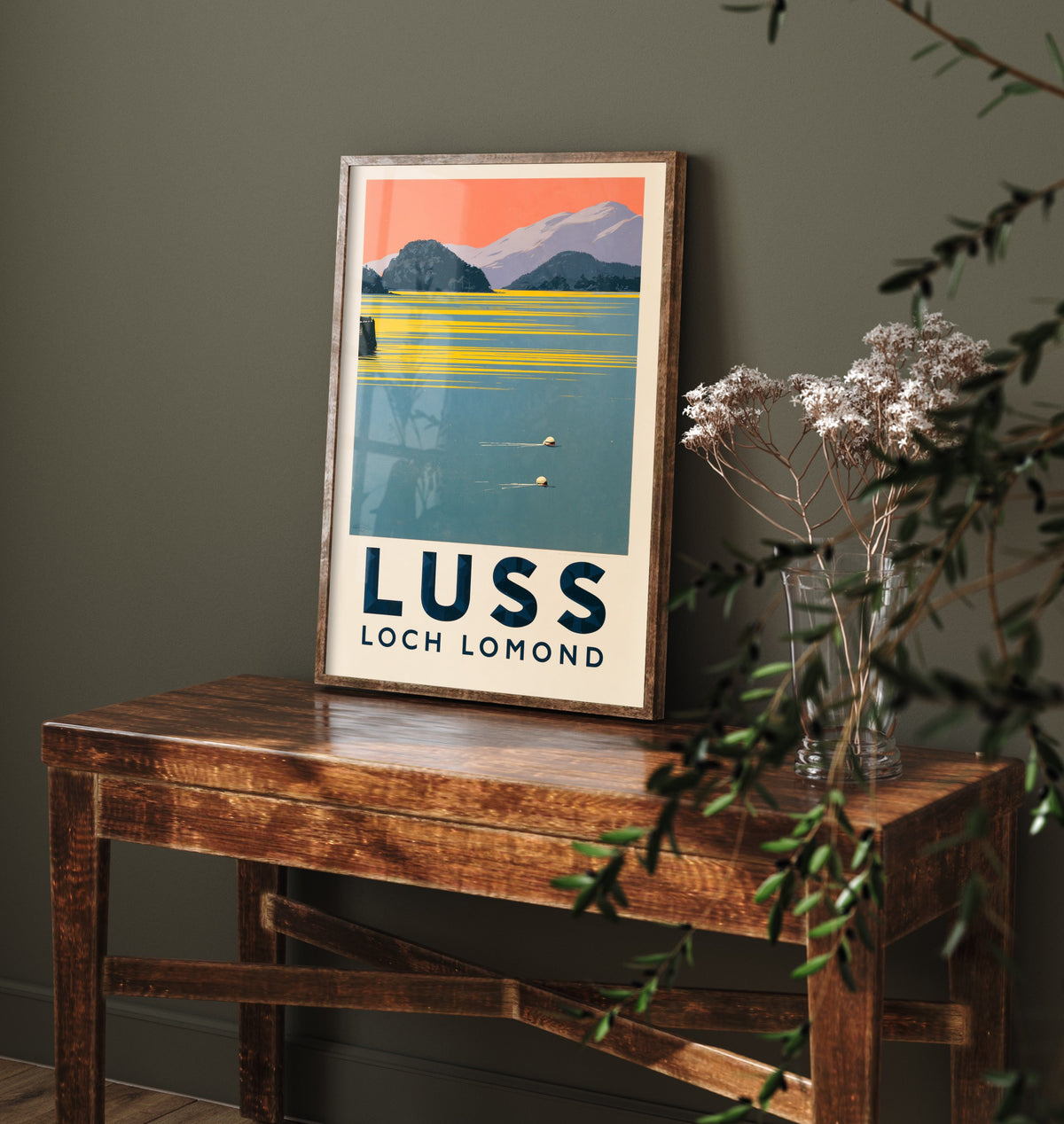 Luss, Loch Lomond Wild Swimming Travel Poster - Scotland Art Print - Peach Sky Art Deco Illustration - Trossachs Swim
