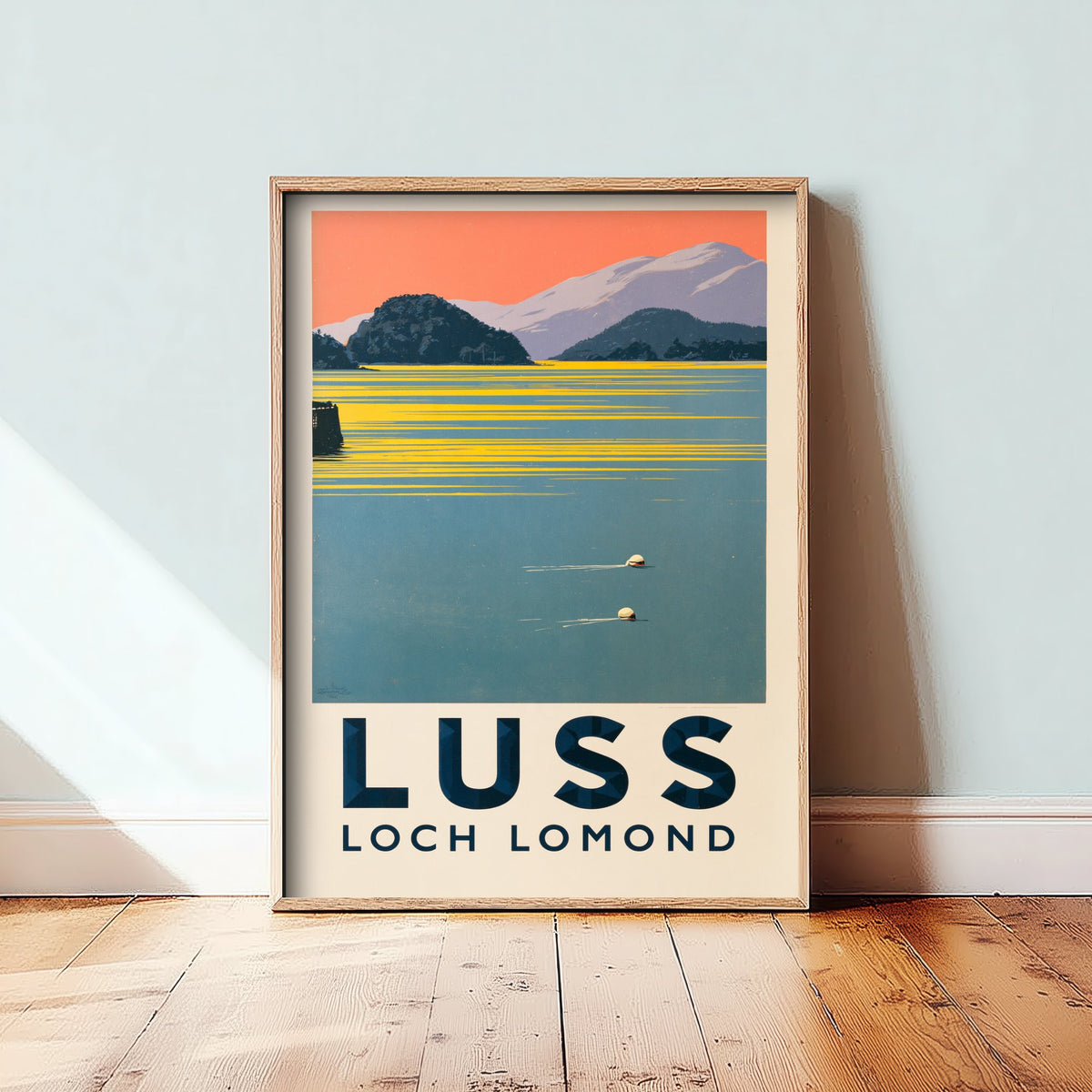 Luss, Loch Lomond Wild Swimming Travel Poster - Scotland Art Print - Peach Sky Art Deco Illustration - Trossachs Swim