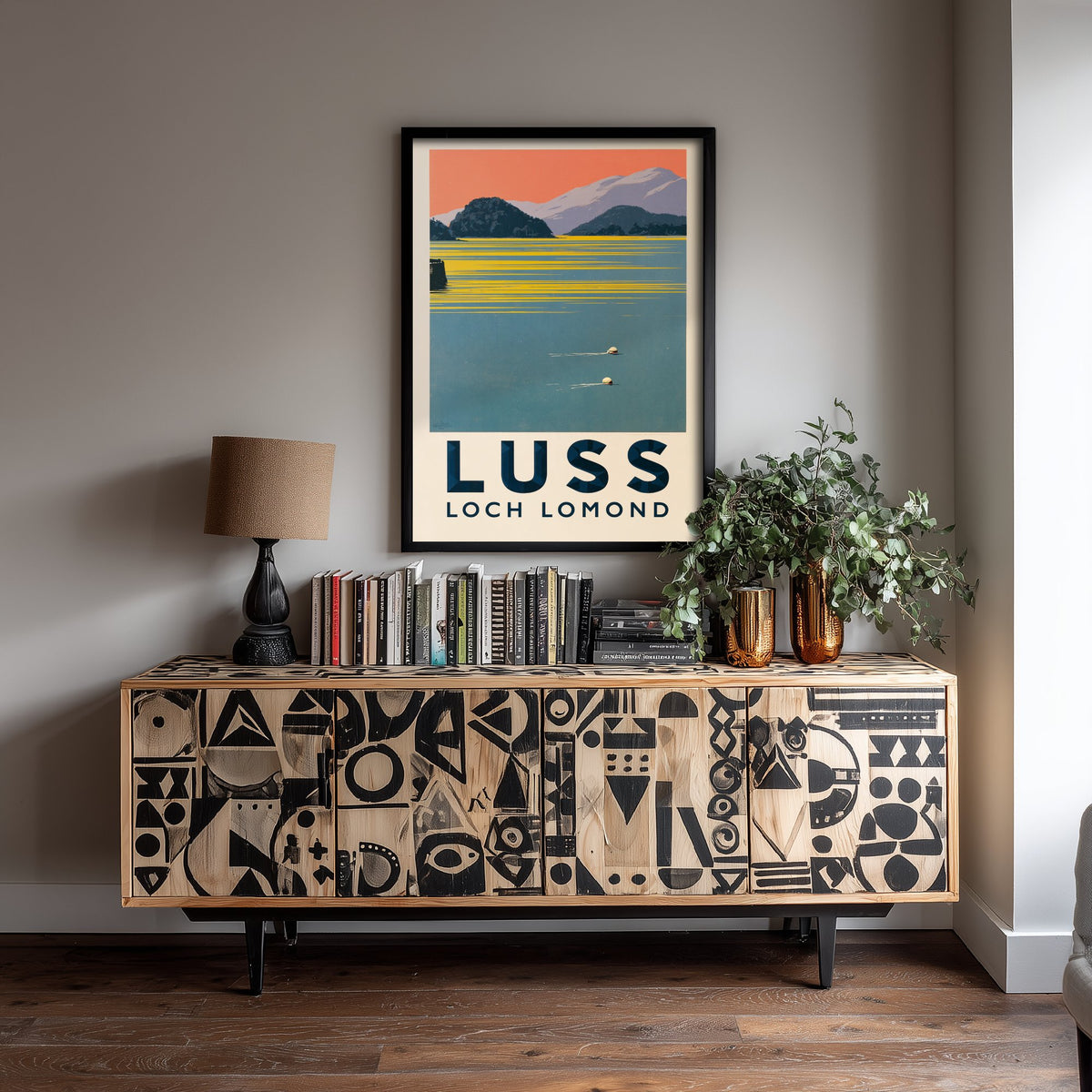 Luss, Loch Lomond Wild Swimming Travel Poster - Scotland Art Print - Peach Sky Art Deco Illustration - Trossachs Swim