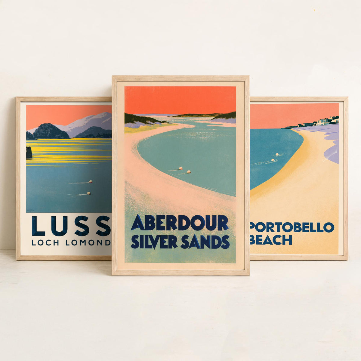 Scotland Wild Swimming Set of Three Art Prints - Luss Loch Lomond, Portobello Beach, Aberdour - Peach Dusk Art Deco Poster Illustration V2