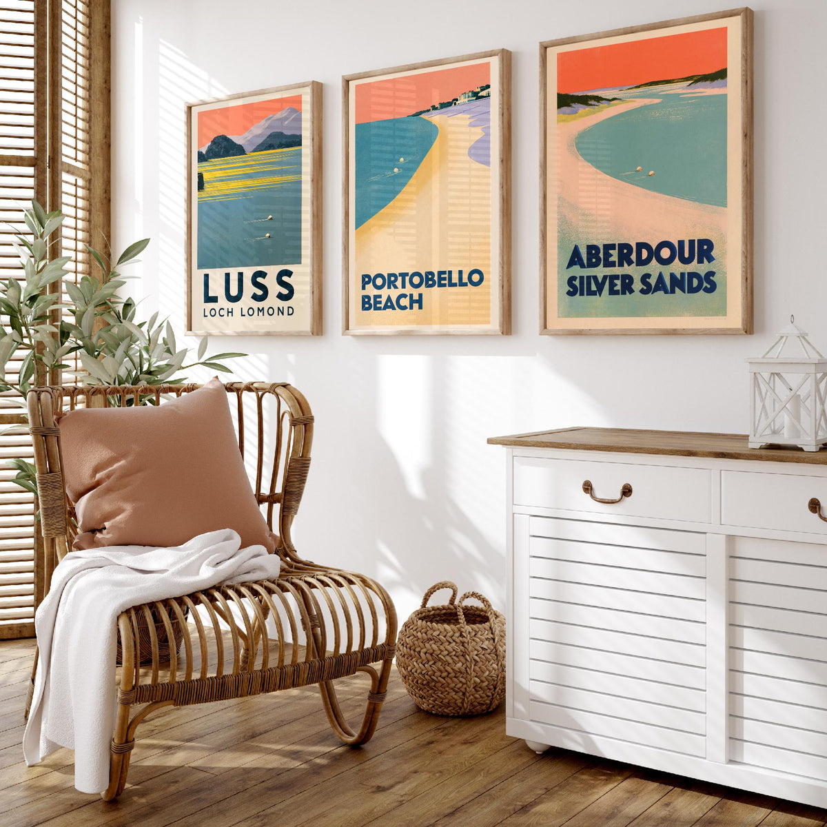 Scotland Wild Swimming Set of Three Art Prints - Luss Loch Lomond, Portobello Beach, Aberdour - Peach Dusk Art Deco Poster Illustration V2