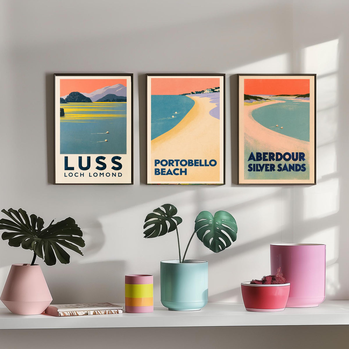 Scotland Wild Swimming Set of Three Art Prints - Luss Loch Lomond, Portobello Beach, Aberdour - Peach Dusk Art Deco Poster Illustration V2