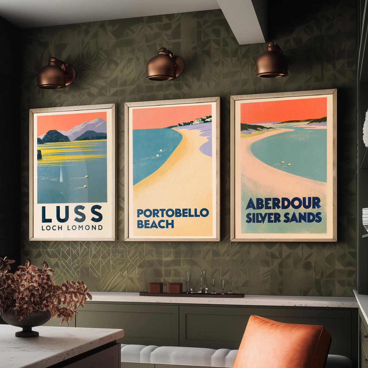 Scotland Wild Swimming Set of Three Art Prints - Luss Loch Lomond, Portobello Beach, Aberdour - Peach Dusk Art Deco Poster Illustration V2