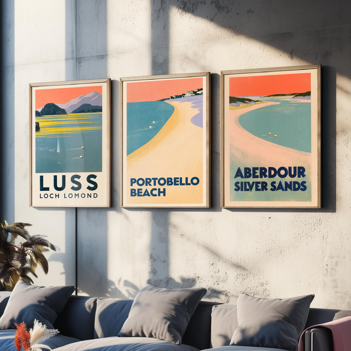 Scotland Wild Swimming Set of Three Art Prints - Luss Loch Lomond, Portobello Beach, Aberdour - Peach Dusk Art Deco Poster Illustration V2