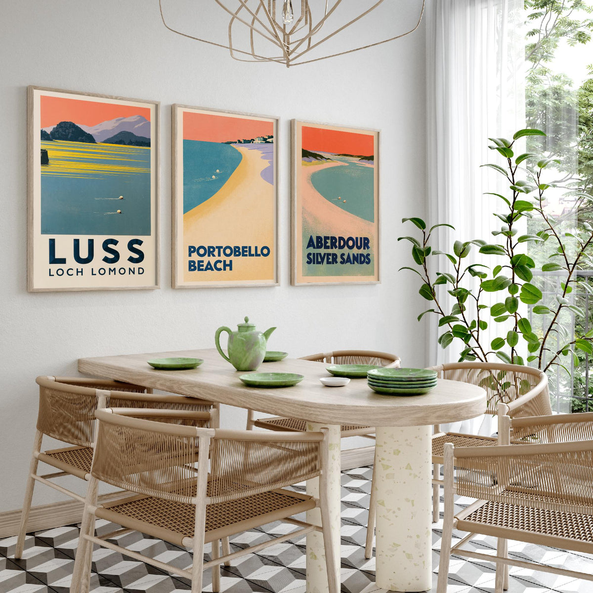 Scotland Wild Swimming Set of Three Art Prints - Luss Loch Lomond, Portobello Beach, Aberdour - Peach Dusk Art Deco Poster Illustration V2