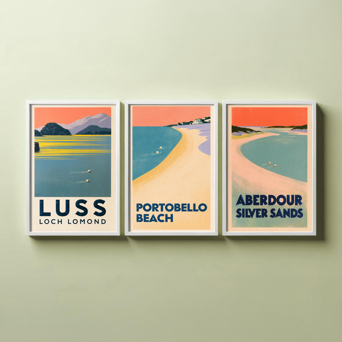 Scotland Wild Swimming Set of Three Art Prints - Luss Loch Lomond, Portobello Beach, Aberdour - Peach Dusk Art Deco Poster Illustration V2