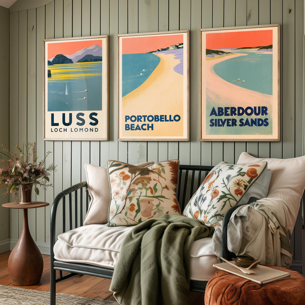 Scotland Wild Swimming Set of Three Art Prints - Luss Loch Lomond, Portobello Beach, Aberdour - Peach Dusk Art Deco Poster Illustration V2