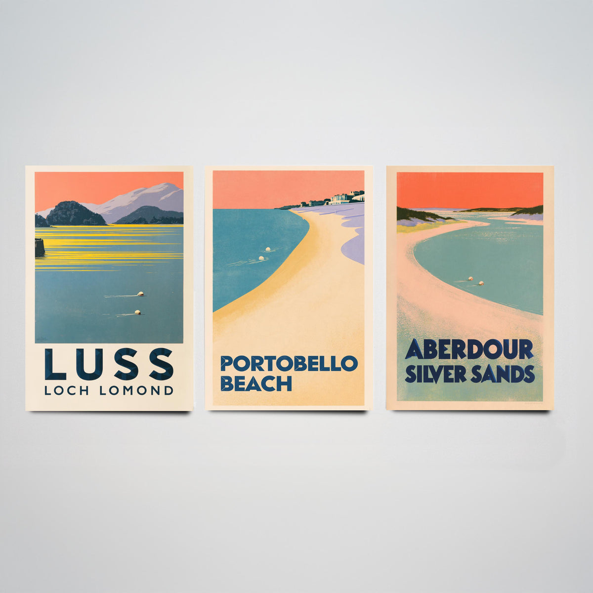 Scotland Wild Swimming Set of Three Art Prints - Luss Loch Lomond, Portobello Beach, Aberdour - Peach Dusk Art Deco Poster Illustration V2