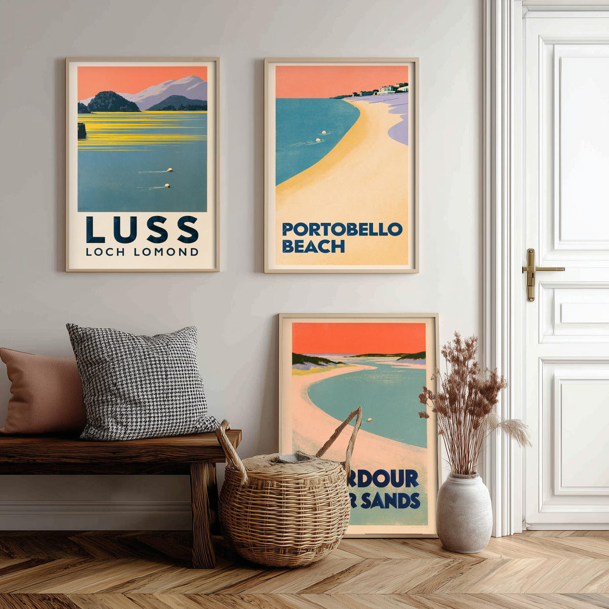 Scotland Wild Swimming Set of Three Art Prints - Luss Loch Lomond, Portobello Beach, Aberdour - Peach Dusk Art Deco Poster Illustration V2