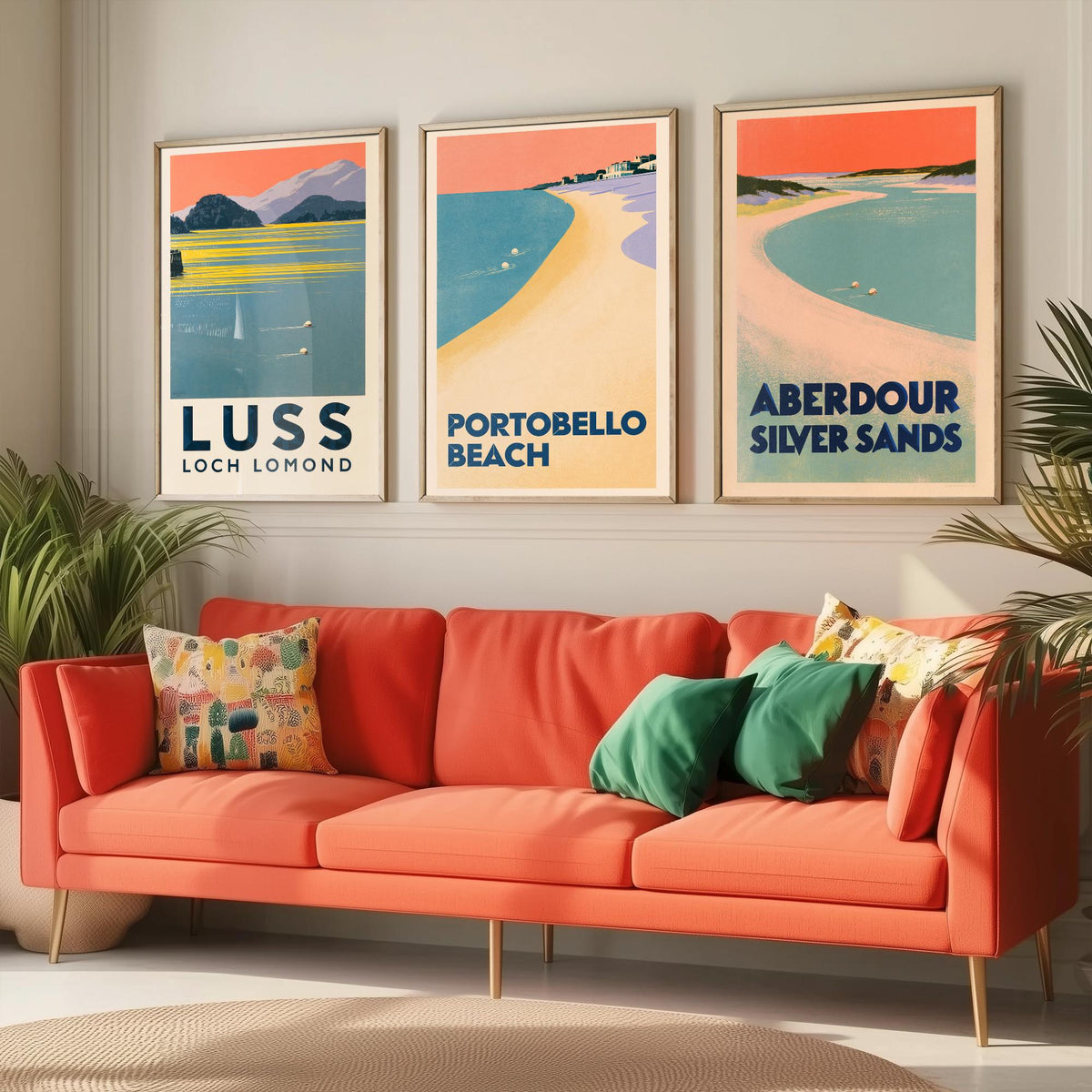 Scotland Wild Swimming Set of Three Art Prints - Luss Loch Lomond, Portobello Beach, Aberdour - Peach Dusk Art Deco Poster Illustration V2