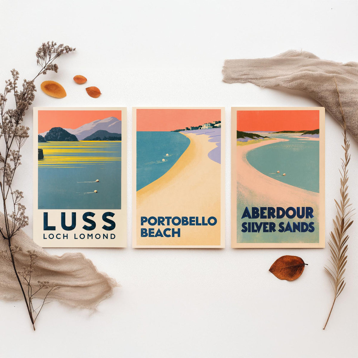 Scotland Wild Swimming Set of Three Art Prints - Luss Loch Lomond, Portobello Beach, Aberdour - Peach Dusk Art Deco Poster Illustration V2
