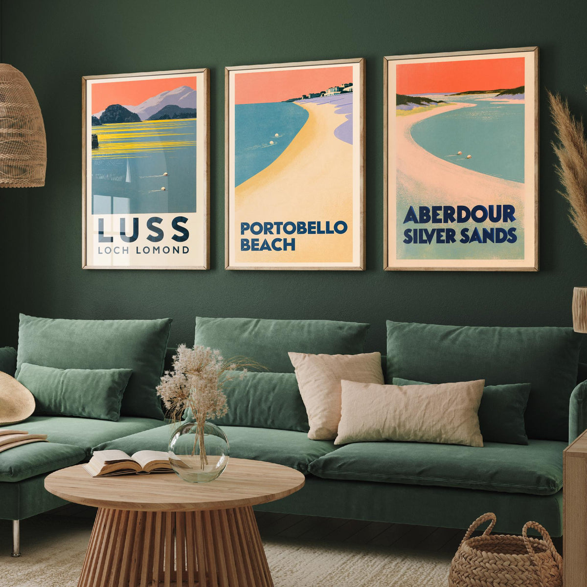 Scotland Wild Swimming Set of Three Art Prints - Luss Loch Lomond, Portobello Beach, Aberdour - Peach Dusk Art Deco Poster Illustration V2