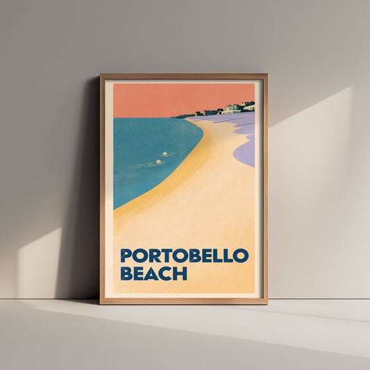 Portobello Beach Wild Swimming Travel Poster - Scotland Art Print - Peach Sky Art Deco Illustration - Edinburgh Swim