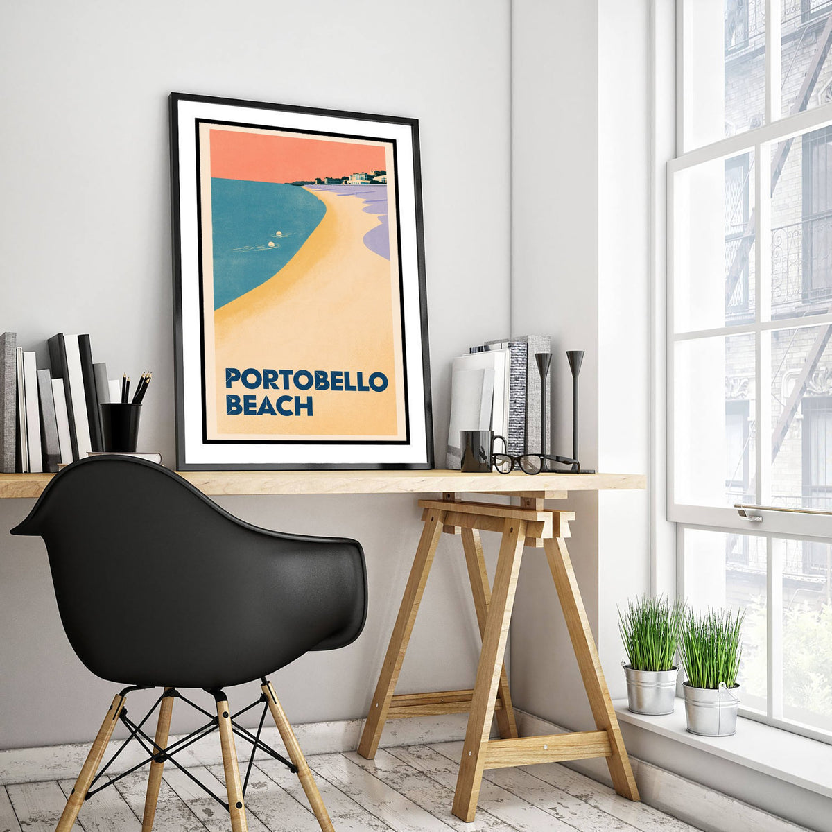 Portobello Beach Wild Swimming Travel Poster - Scotland Art Print - Peach Sky Art Deco Illustration - Edinburgh Swim