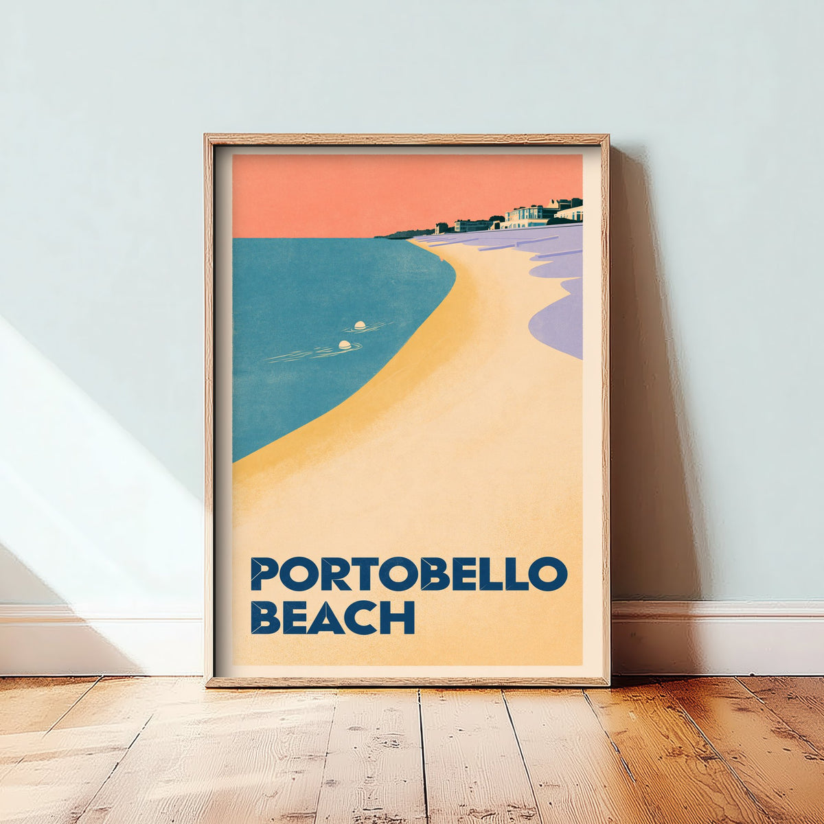 Portobello Beach Wild Swimming Travel Poster - Scotland Art Print - Peach Sky Art Deco Illustration - Edinburgh Swim