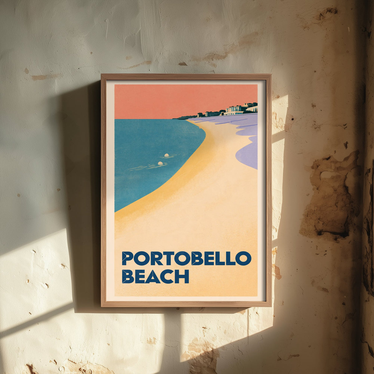 Portobello Beach Wild Swimming Travel Poster - Scotland Art Print - Peach Sky Art Deco Illustration - Edinburgh Swim
