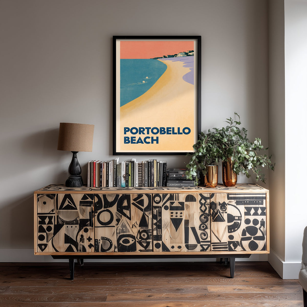 Portobello Beach Wild Swimming Travel Poster - Scotland Art Print - Peach Sky Art Deco Illustration - Edinburgh Swim