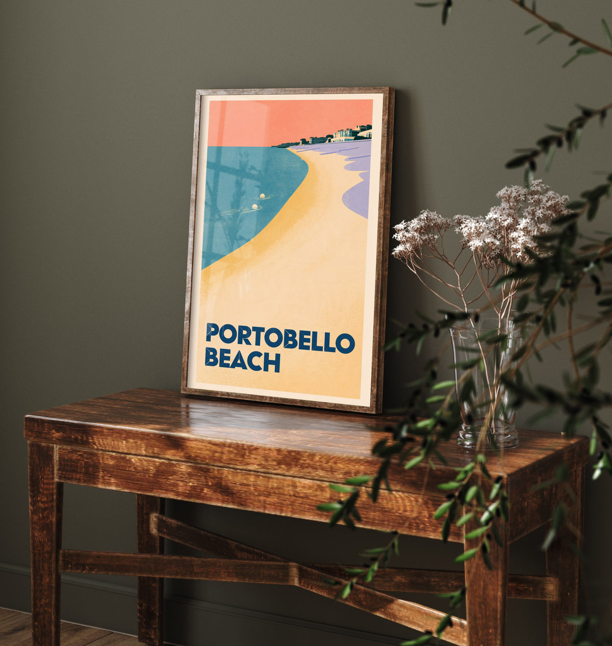 Portobello Beach Wild Swimming Travel Poster - Scotland Art Print - Peach Sky Art Deco Illustration - Edinburgh Swim