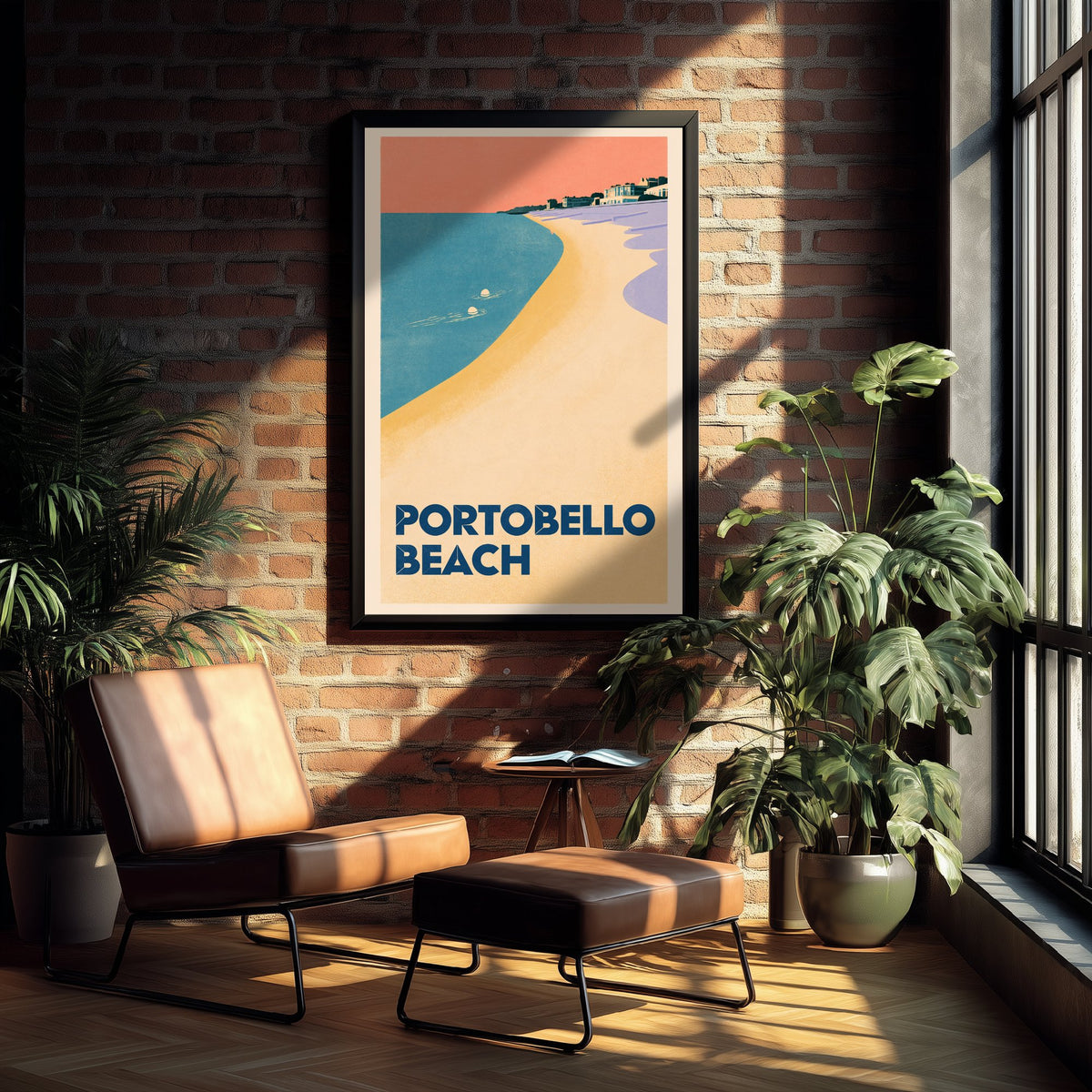 Portobello Beach Wild Swimming Travel Poster - Scotland Art Print - Peach Sky Art Deco Illustration - Edinburgh Swim