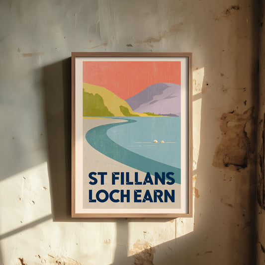 St Fillans, Loch Earn Wild Swimming Travel Poster - Scotland Art Print - Peach Sky Art Deco Illustration - Perthshire Swim