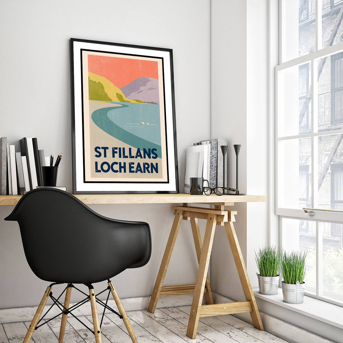 St Fillans, Loch Earn Wild Swimming Travel Poster - Scotland Art Print - Peach Sky Art Deco Illustration - Perthshire Swim