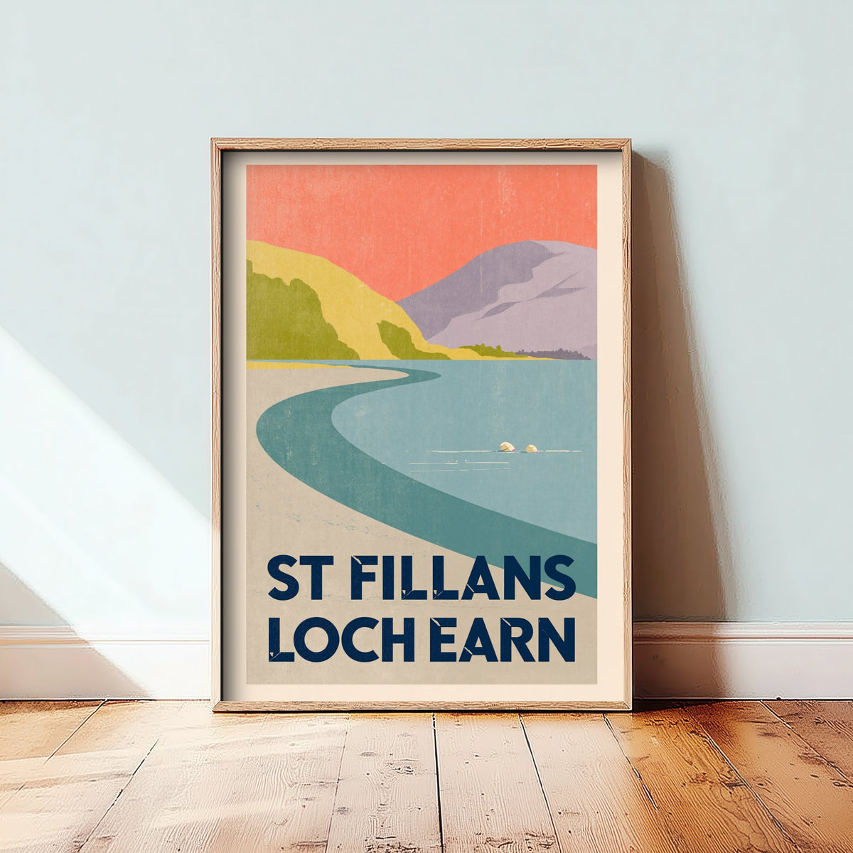 St Fillans, Loch Earn Wild Swimming Travel Poster - Scotland Art Print - Peach Sky Art Deco Illustration - Perthshire Swim