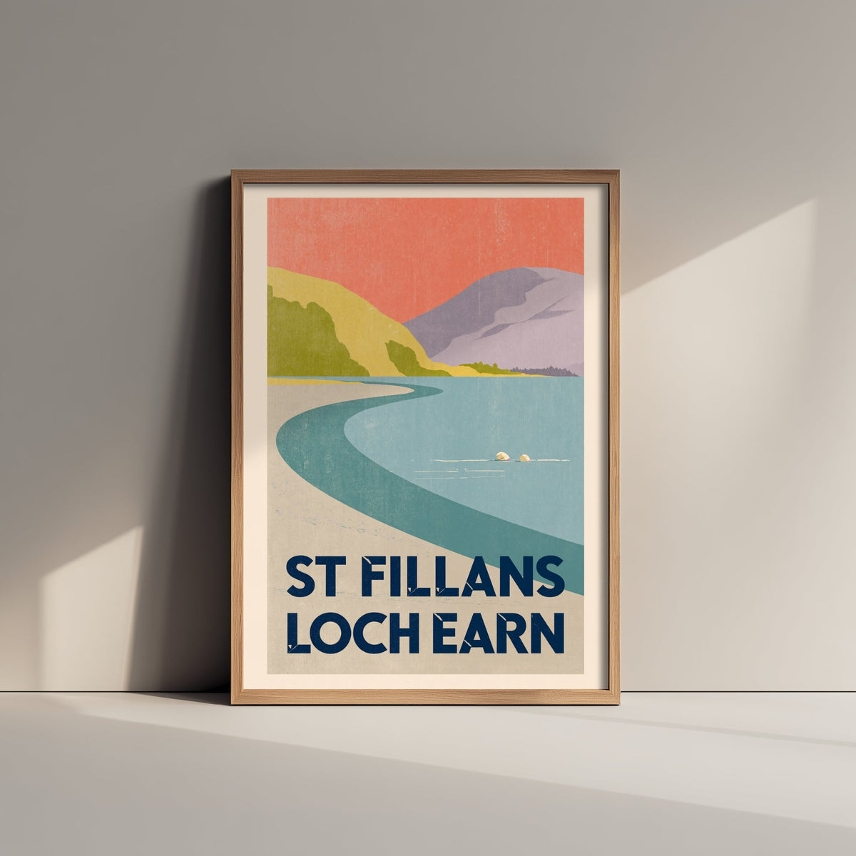 St Fillans, Loch Earn Wild Swimming Travel Poster - Scotland Art Print - Peach Sky Art Deco Illustration - Perthshire Swim