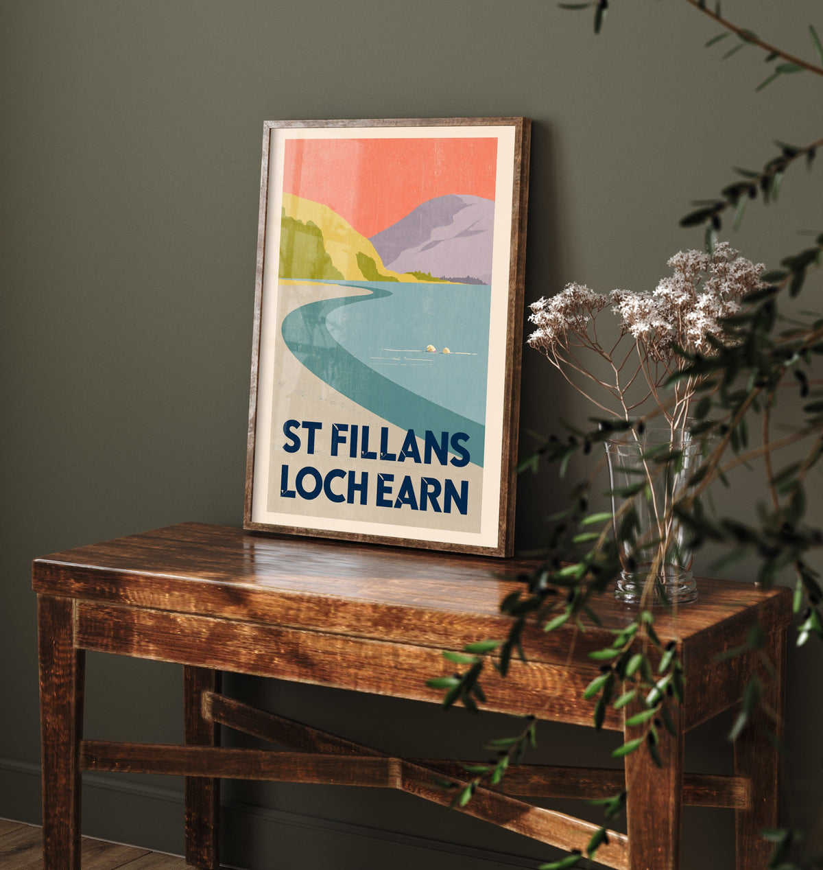 St Fillans, Loch Earn Wild Swimming Travel Poster - Scotland Art Print - Peach Sky Art Deco Illustration - Perthshire Swim