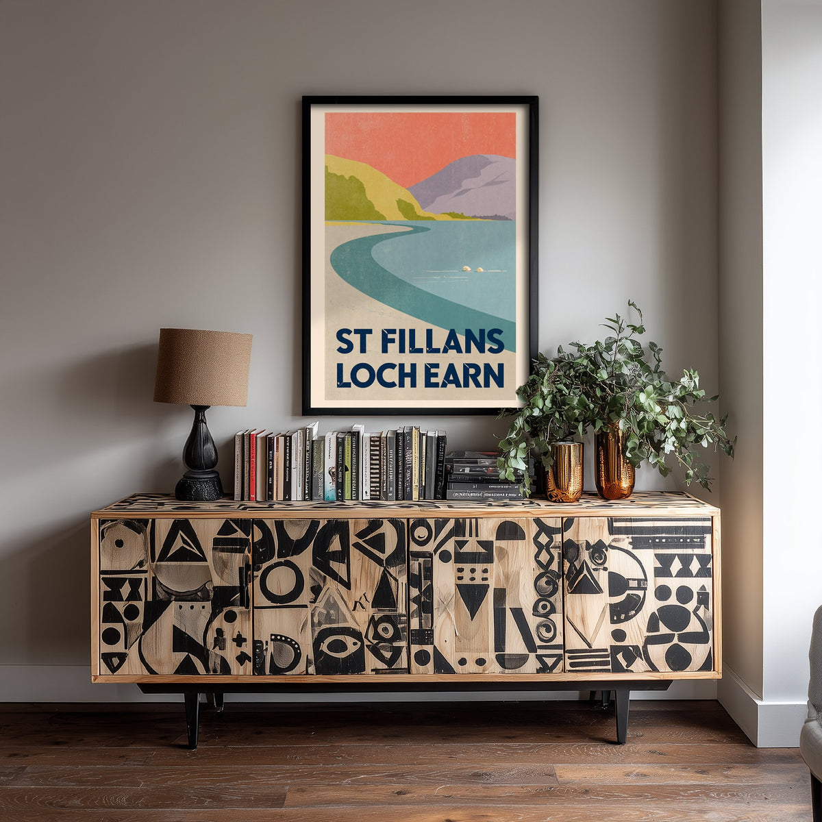 St Fillans, Loch Earn Wild Swimming Travel Poster - Scotland Art Print - Peach Sky Art Deco Illustration - Perthshire Swim
