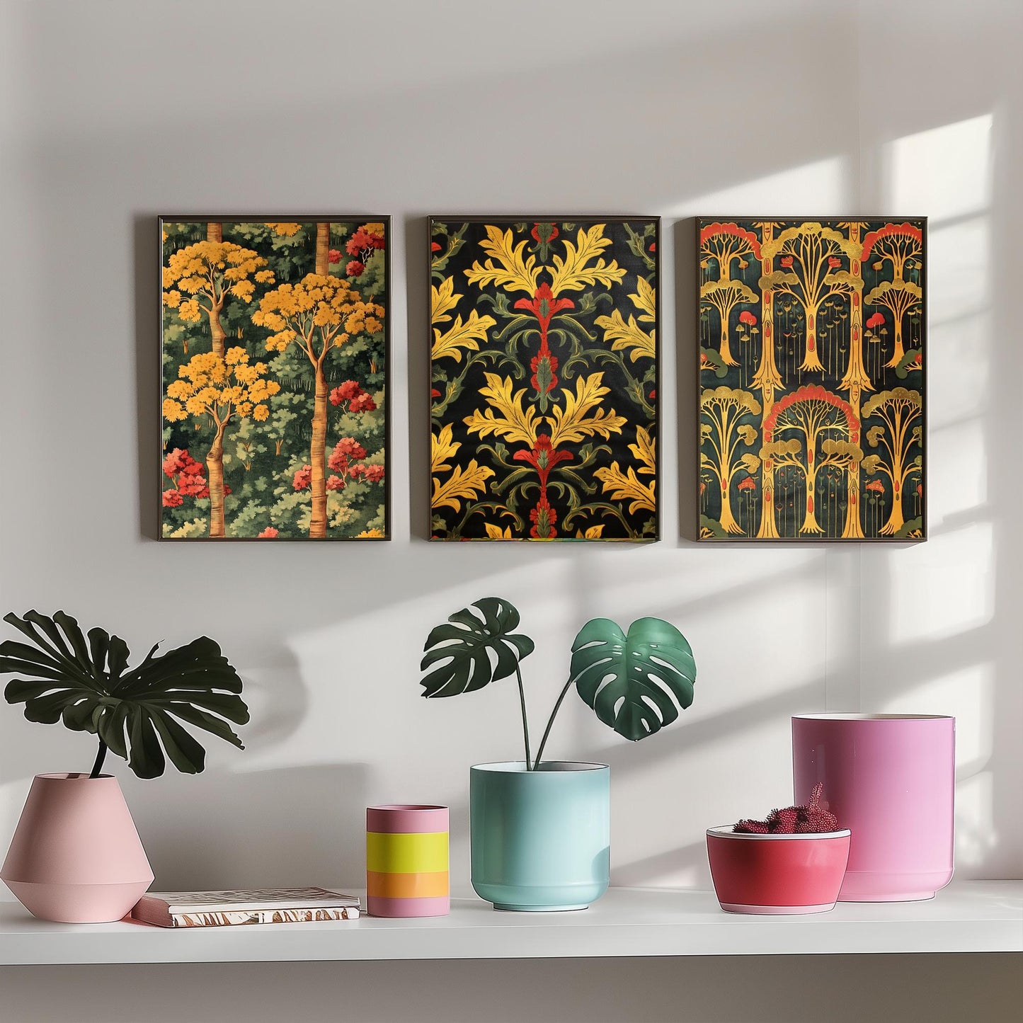 Scottish Book of the Woodlands Art Prints - Set of Three Gold and Green Forest Posters - Tree Toadstool Illustration V2