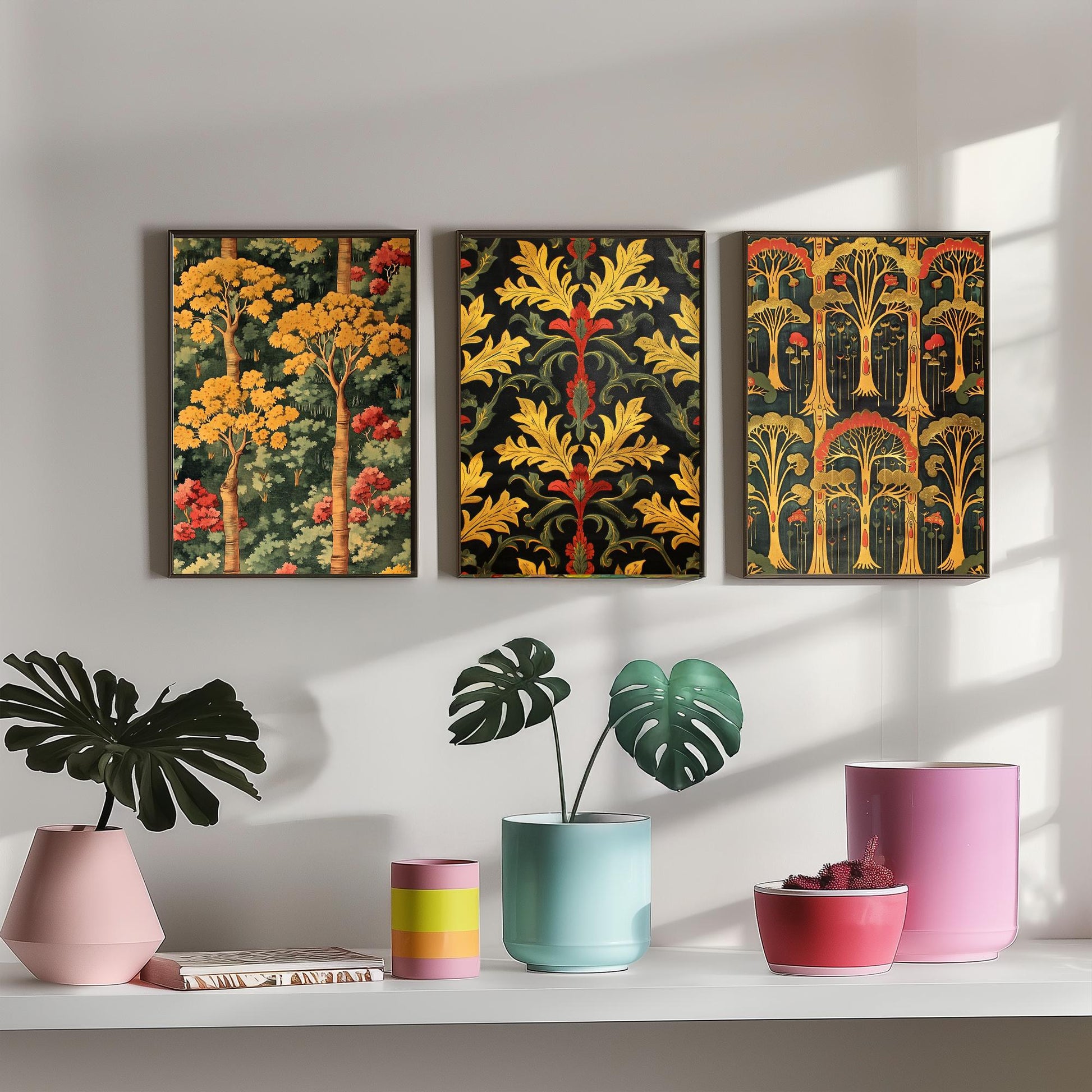 Scottish Book of the Woodlands Art Prints - Set of Three Gold and Green Forest Posters - Tree Toadstool Illustration V2