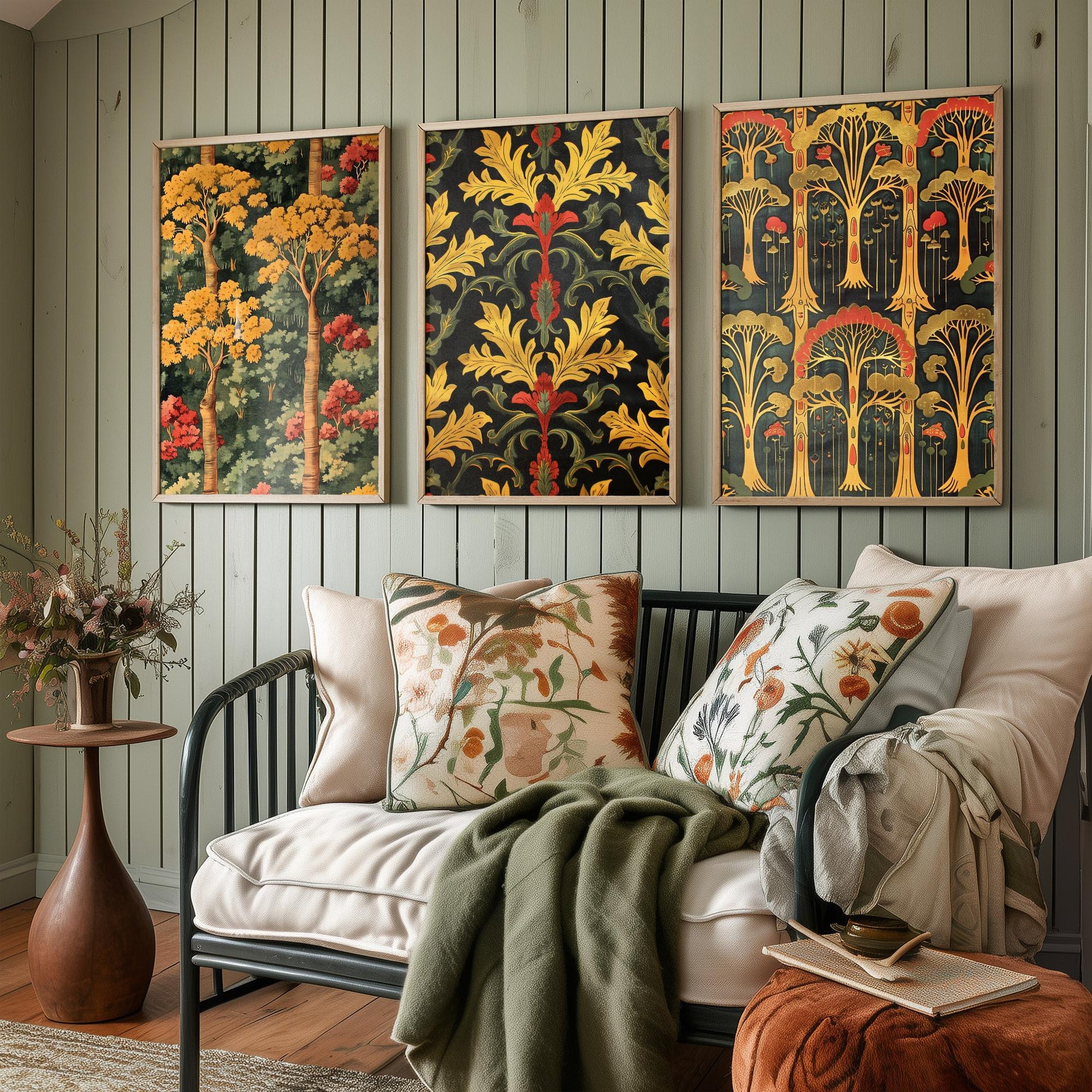 Scottish Book of the Woodlands Art Prints - Set of Three Gold and Green Forest Posters - Tree Toadstool Illustration V2