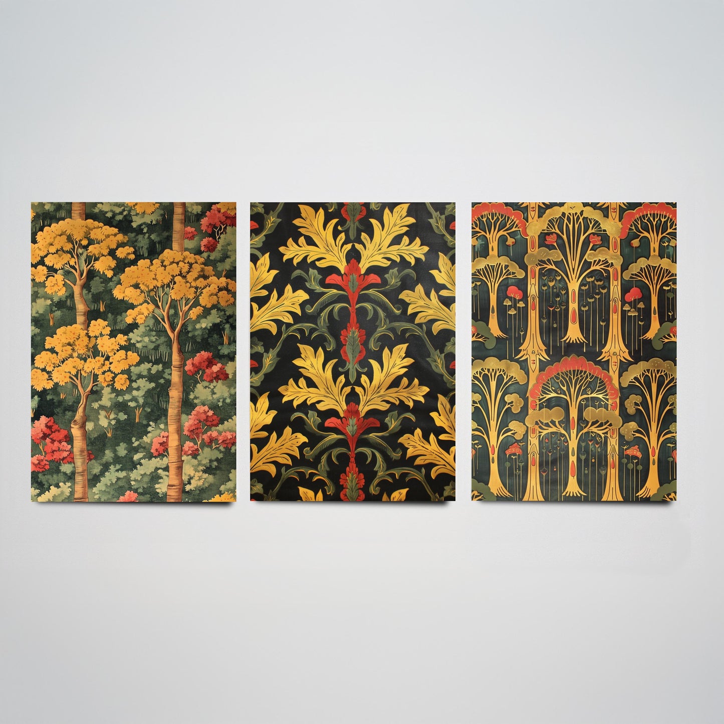 Scottish Book of the Woodlands Art Prints - Set of Three Gold and Green Forest Posters - Tree Toadstool Illustration V2