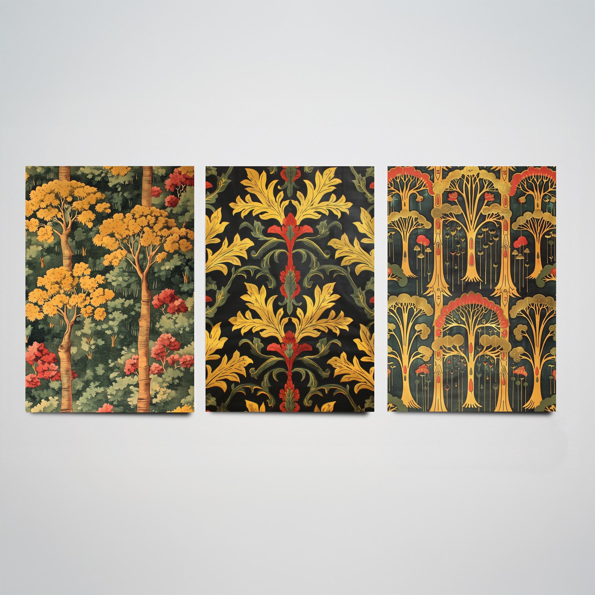 Scottish Book of the Woodlands Art Prints - Set of Three Gold and Green Forest Posters - Tree Toadstool Illustration V2