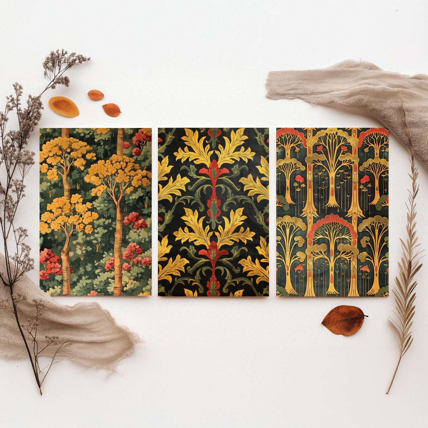 Scottish Book of the Woodlands Art Prints - Set of Three Gold and Green Forest Posters - Tree Toadstool Illustration V2