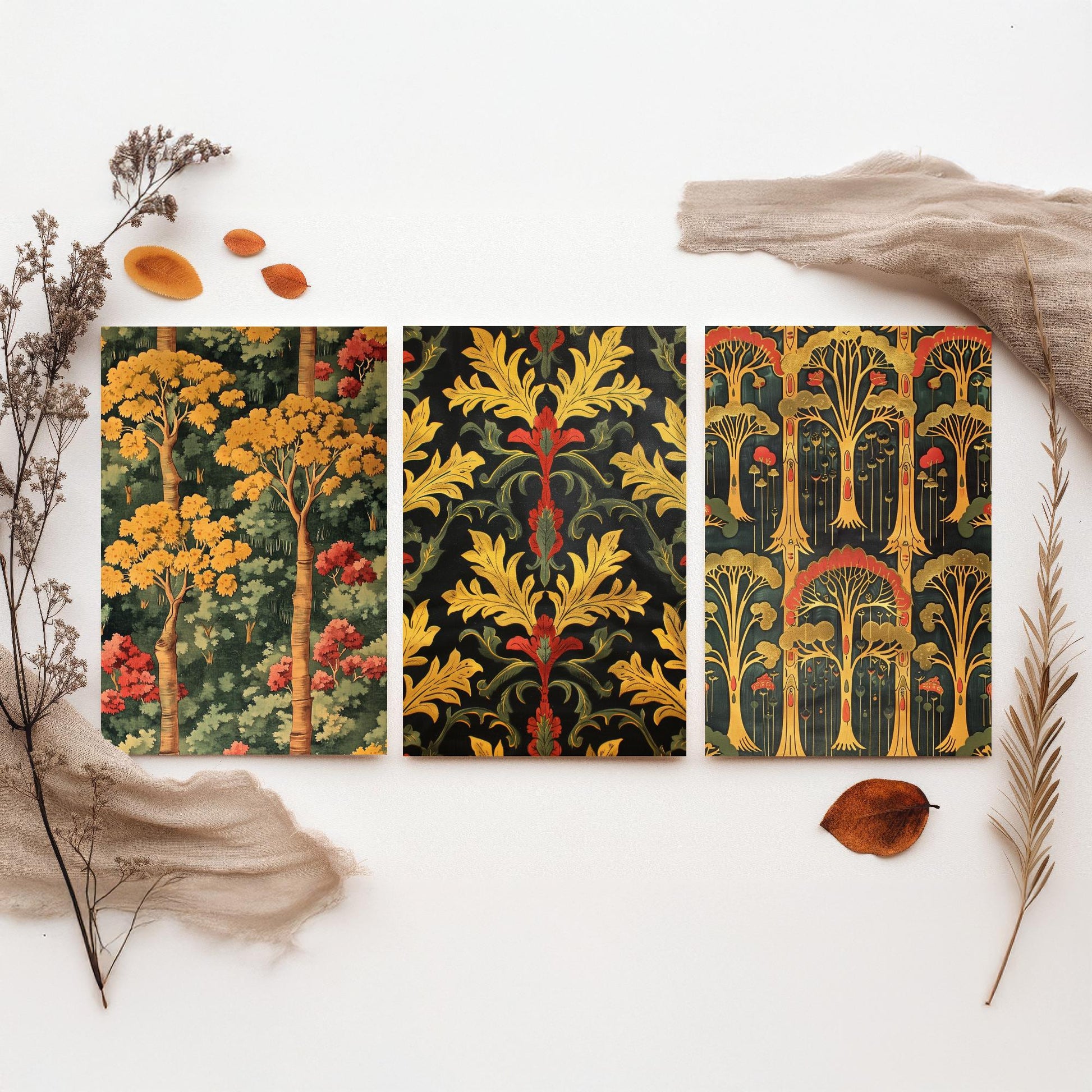 Scottish Book of the Woodlands Art Prints - Set of Three Gold and Green Forest Posters - Tree Toadstool Illustration V2