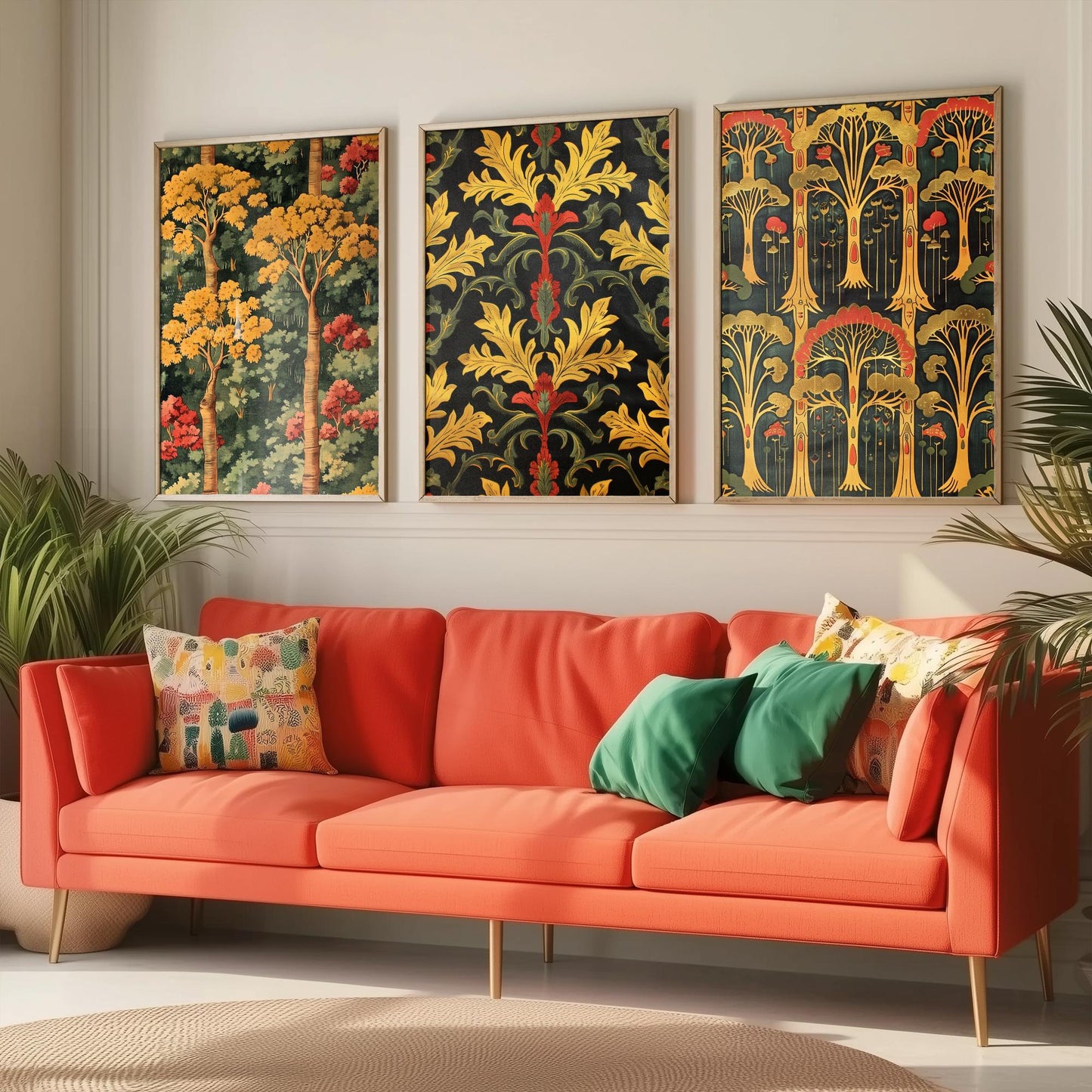 Scottish Book of the Woodlands Art Prints - Set of Three Gold and Green Forest Posters - Tree Toadstool Illustration V2