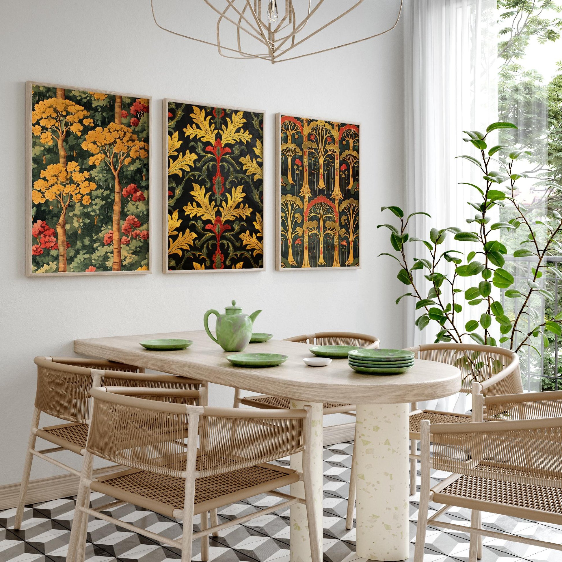 Scottish Book of the Woodlands Art Prints - Set of Three Gold and Green Forest Posters - Tree Toadstool Illustration V2