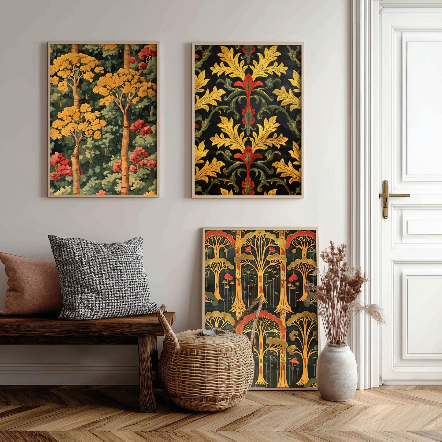 Scottish Book of the Woodlands Art Prints - Set of Three Gold and Green Forest Posters - Tree Toadstool Illustration V2