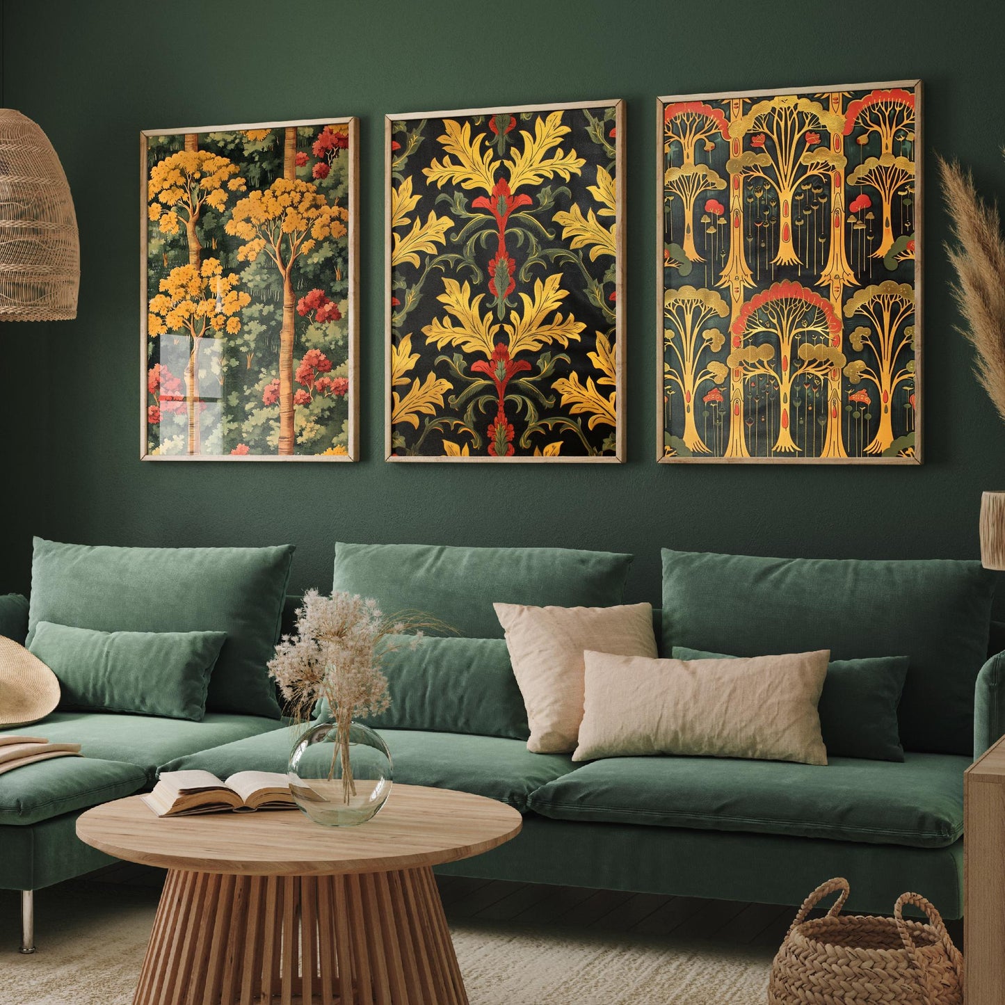 Scottish Book of the Woodlands Art Prints - Set of Three Gold and Green Forest Posters - Tree Toadstool Illustration V2