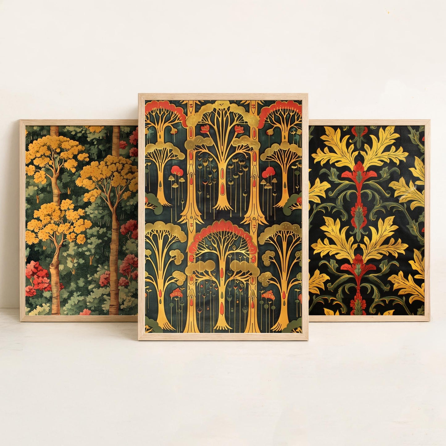 Scottish Book of the Woodlands Art Prints - Set of Three Gold and Green Forest Posters - Tree Toadstool Illustration V2