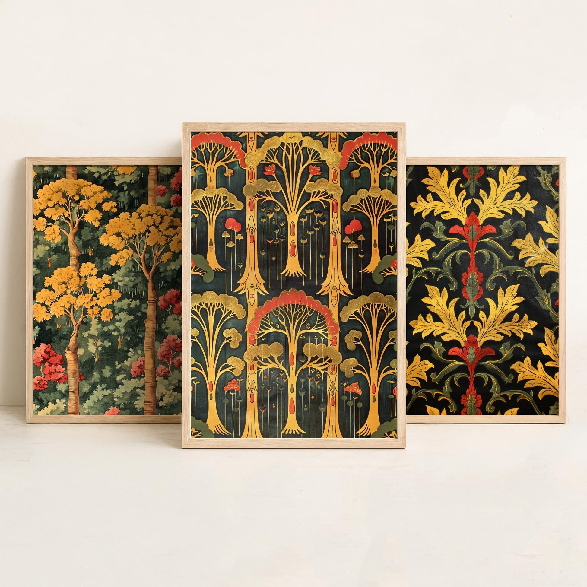 Scottish Book of the Woodlands Art Prints - Set of Three Gold and Green Forest Posters - Tree Toadstool Illustration V2