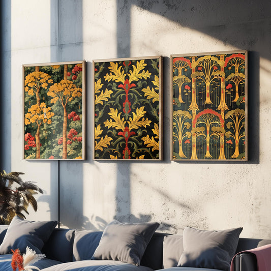 Scottish Book of the Woodlands Art Prints - Set of Three Gold and Green Forest Posters - Tree Toadstool Illustration V2