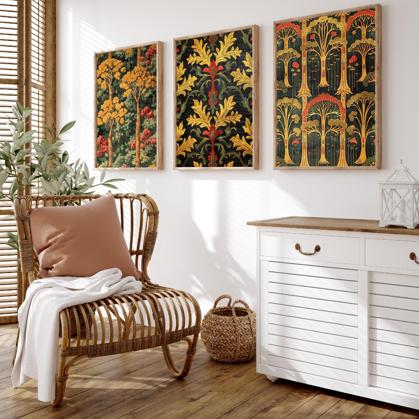 Scottish Book of the Woodlands Art Prints - Set of Three Gold and Green Forest Posters - Tree Toadstool Illustration V2